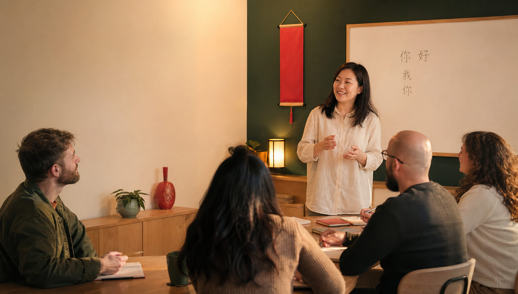 Adult learners taking part in a welcoming evening Mandarin class